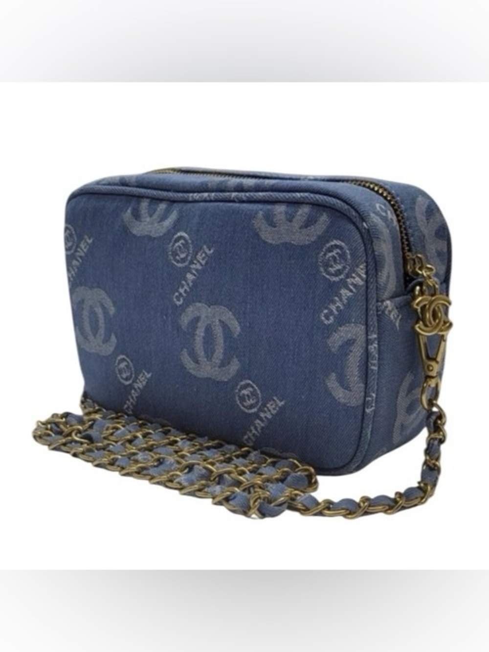 GWP CHANEL logo Blue Denim Jacquard Camera Bag with Gold Chain - Picture 2 of 6